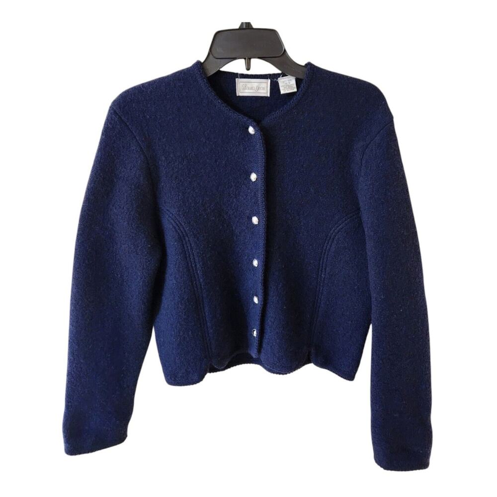 Laura Jean Vintage Cardigan Jacket Women's Size 11/12 100% Wool Navy Blue Career